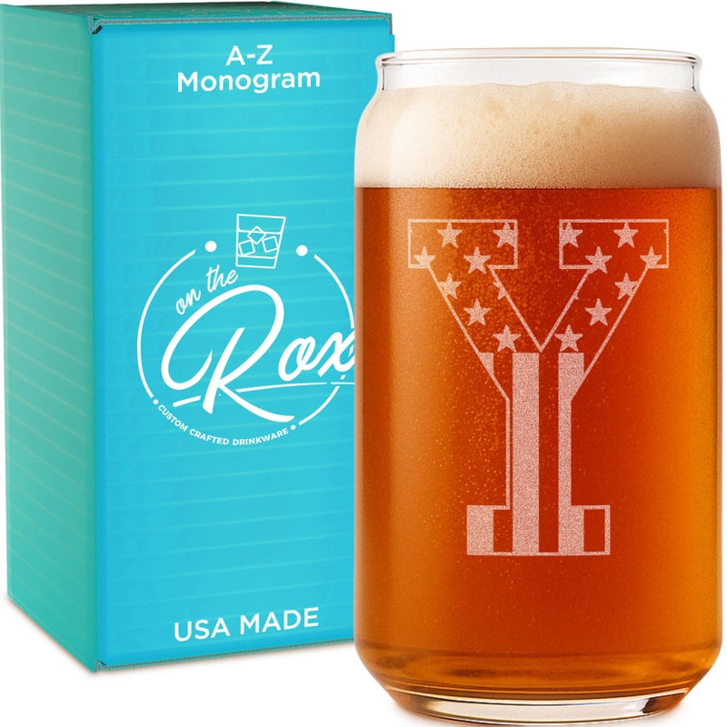 On The Rox Monogram Beer Glasses for Men (A-Z) 16 oz - Beer Gifts for Men Brother Son Dad Neighbor - Unique Gifts for Him - Personalized Drinking Gift Beer Glass Mugs - Engraved Beer Can Glass (Y) - Image 1